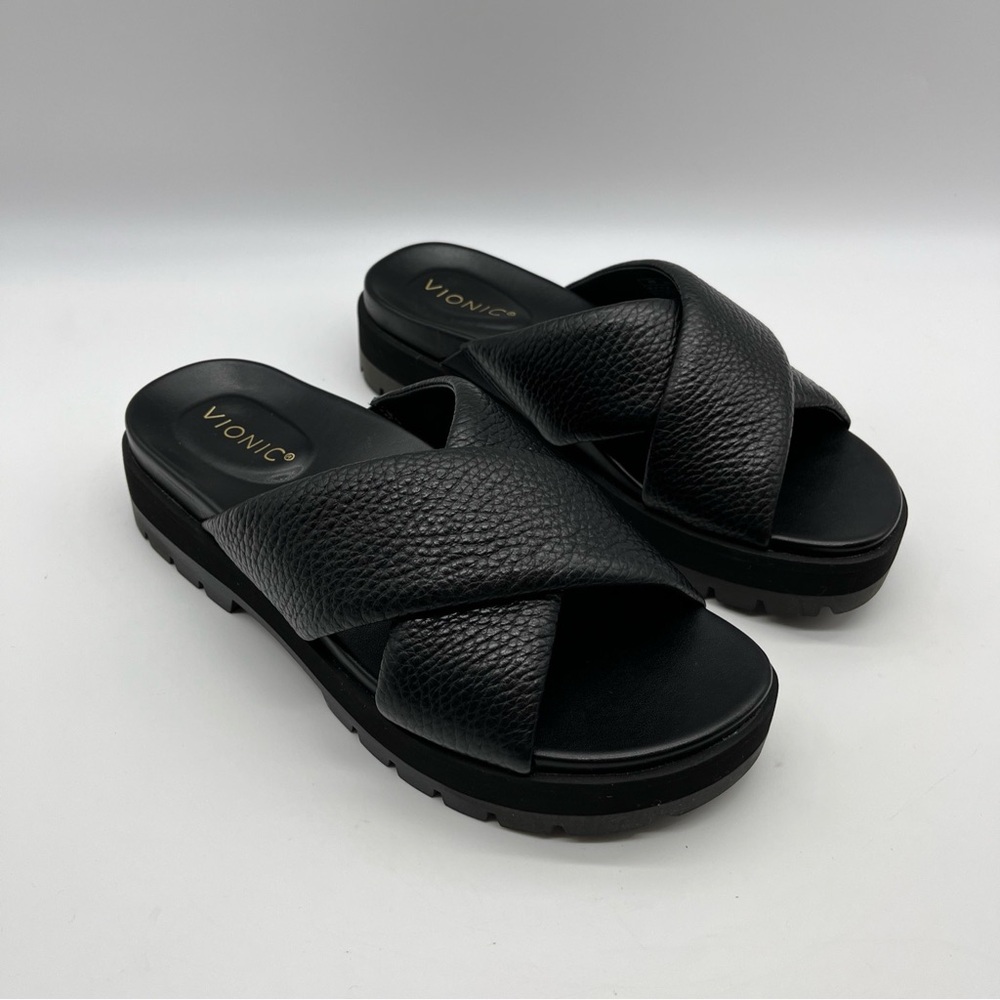 Vionic Womens 8.5 Black Vesta Criss-Cross Front Slip On Platform Sandals Shoes